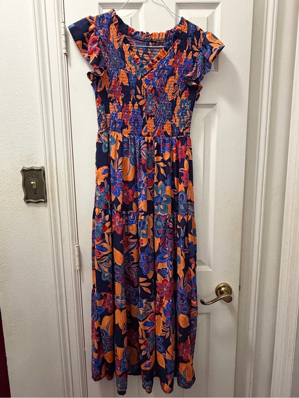 Women’s Navy Blue Floral Maxi Dress with Orange Print